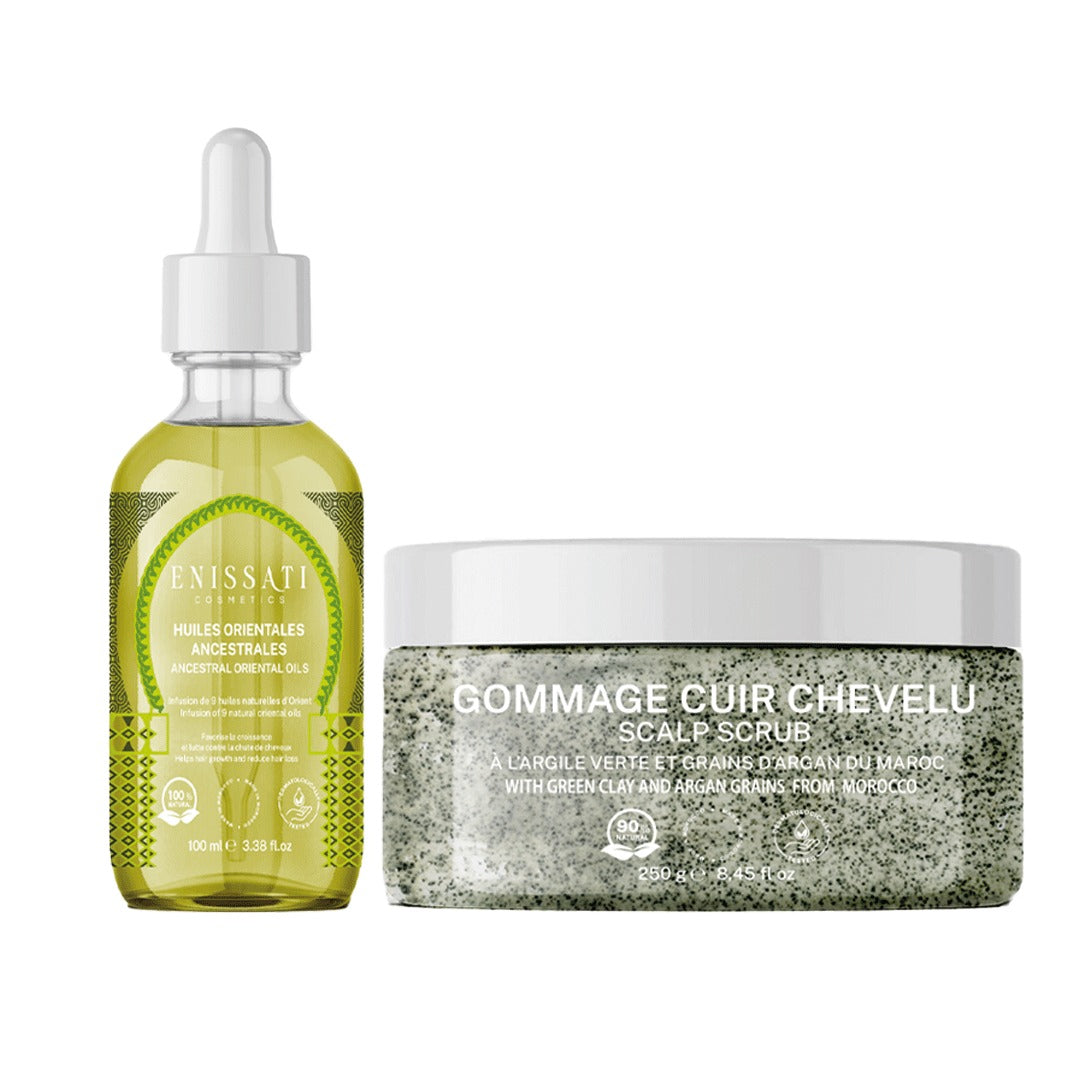 NOUVEAUTÉ : DUO huile pousse infusion de 9 huiles ancestrales  + gommage cuir chevelu à l'argile verte