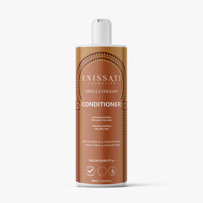 Un flacon d'après-shampoing Nigella Therapy d'Enissati Cosmetics, au design marron et doré, est étiqueté pour une nutrition intense, idéal pour les cheveux très secs ou après un lissage brésilien. Contient des huiles de nigelle, d'argan et de ricin.  Idéal pour ceux qui recherchent un lissage brésilien et explorent enissati avis.