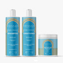 Trois produits Enissati Cosmetics Hydra Therapy turquoise et blanc&nbsp;: shampoing, après-shampoing et masque capillaire, à base d'aloe vera, de glycérine et de kératine. Parfaits pour un lissage brésilien réussi à domicile. Idéal pour ceux qui recherchent un lissage brésilien et explorent enissati 