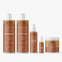 Cinq produits capillaires Enissati – shampoing, après-shampoing, spray thermoprotecteur, sérum et masque capillaire – sont disposés en rangée sur fond blanc. Découvrez un soin efficace pour le lissage brésilien dans un élégant packaging marron et blanc. Idéal pour ceux qui recherchent un lissage brésilien et explorent enissati avis