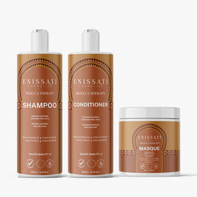 Trois produits capillaires Enissati Cosmetics Nigella Therapy sont présentés : un grand flacon de shampoing, un grand flacon d'après-shampoing et un pot de masque plus court avec des étiquettes marron et dorées assorties, idéal pour améliorer la durée du lissage brésilien. Découvrez les avis d'Enissati